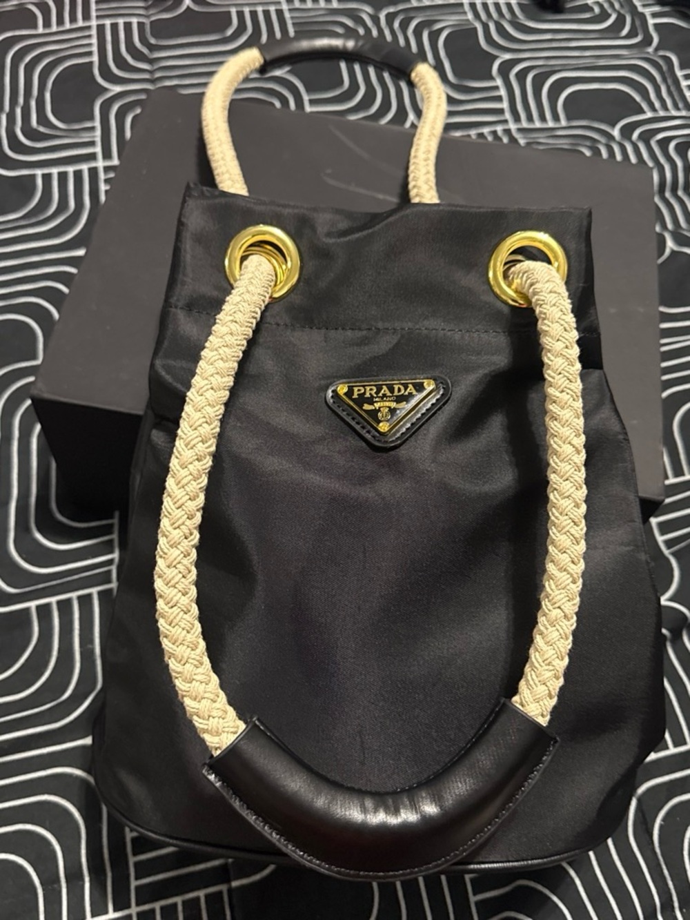 Black Nylon Drawstring Rope-Handle Bucket Bag